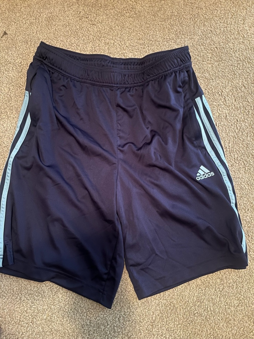 adidas Men’s Dark Blue Athletic Shorts with Light Blue Stripes